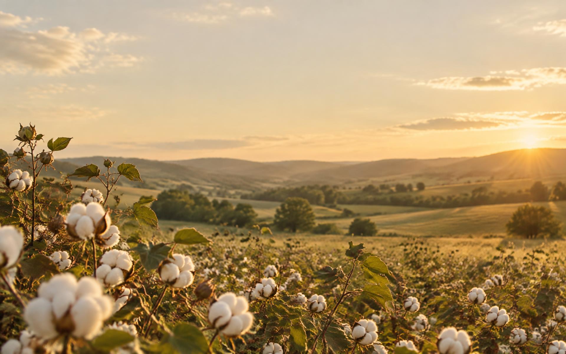 Cotton growing across open farmland at golden hour