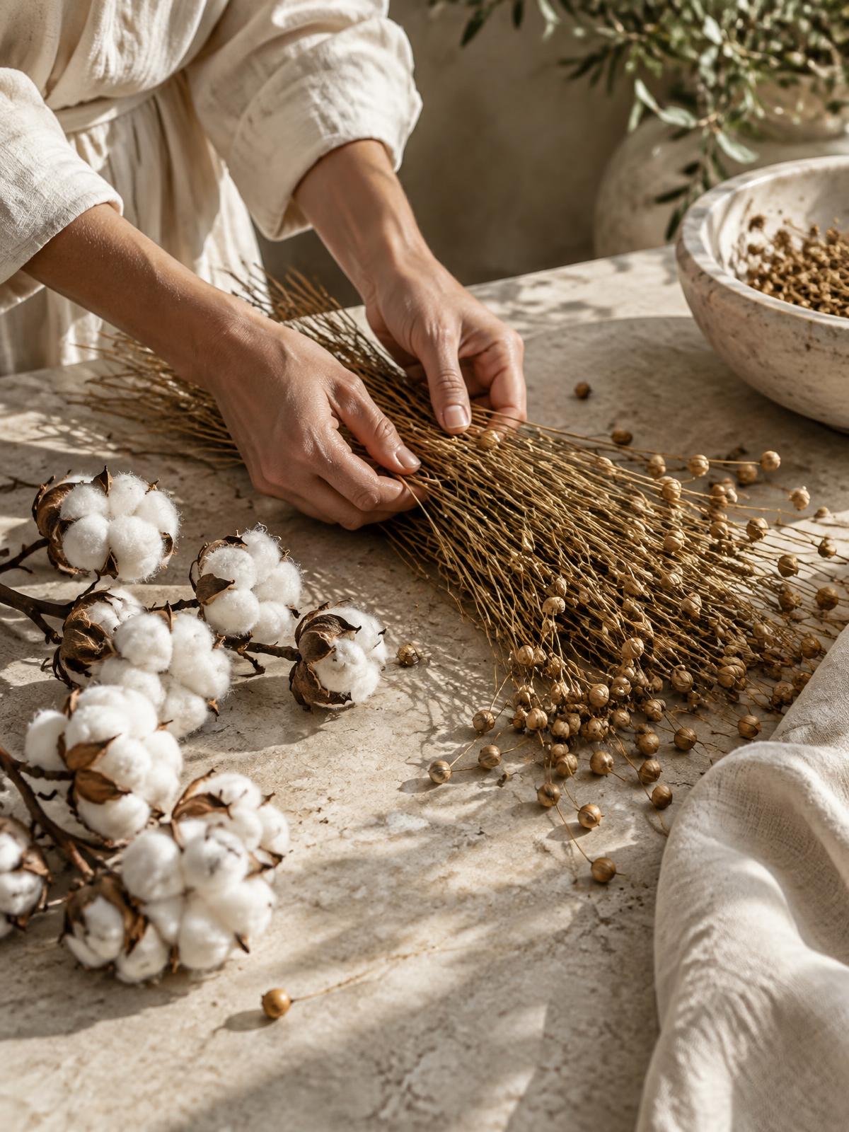 Hands sorting flax and cotton on a worktable