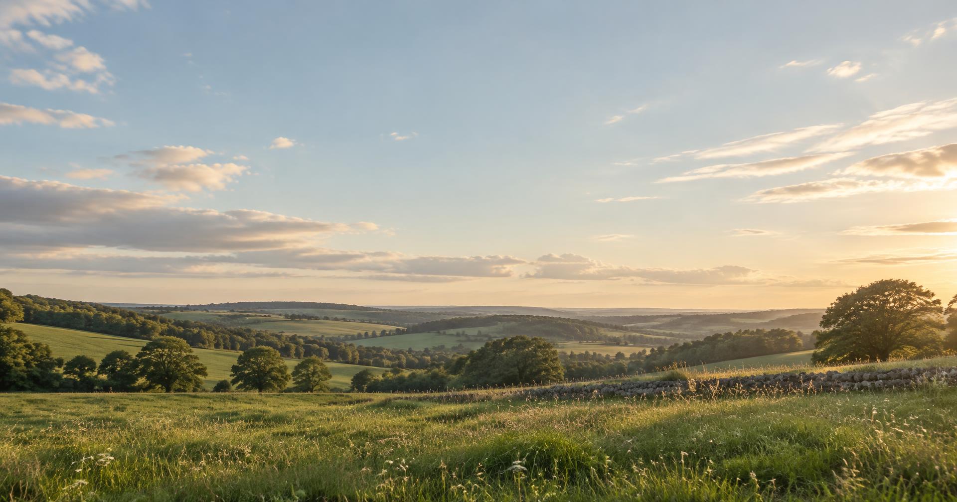Open green pasture beneath an evening sky